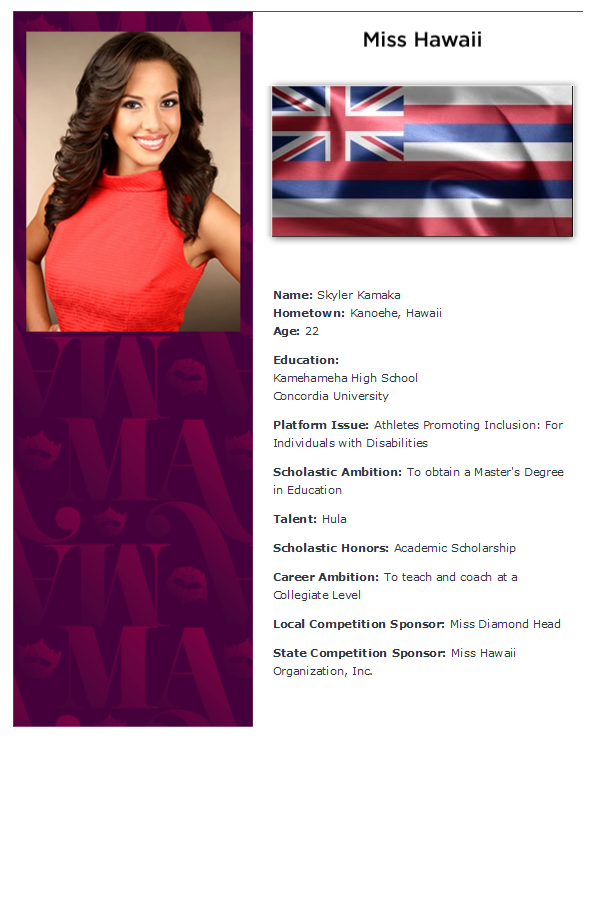 2013 Miss America Contestant Hawaii	Skyler Kamaka