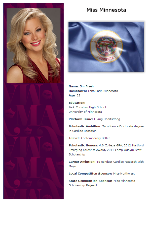 2013 Miss America Contestant Minnesota	Siri Freeh