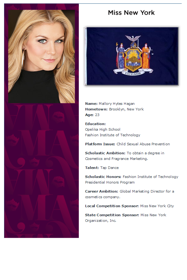 2013 Miss America Contestant New York	Mallory Hagan