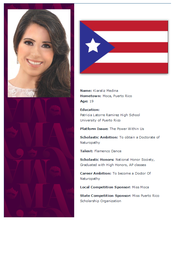 2013 Miss America Contestant Puerto Rico	Kiaraliz Medina