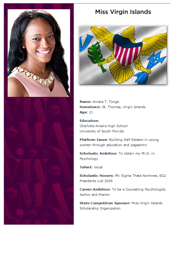 2013 Miss America Contestant, Virgin Islands	Aniska Tonge