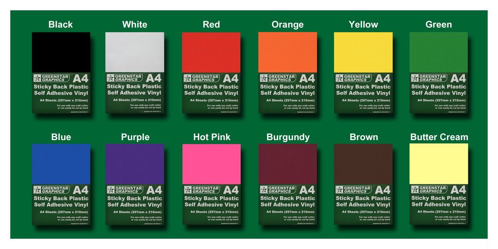 A4 Vinyl Self Adhesive Sheets x 20 Sticky Back Plastic 10 colours 10 Black
