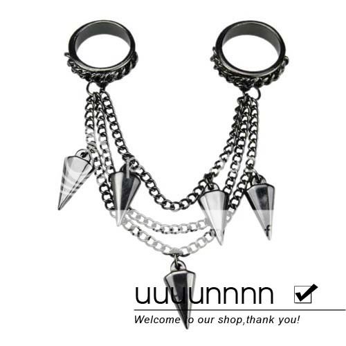 PUNK SPIKE CHAINS METAL BLACK DOUBLE RING SIZE 7  